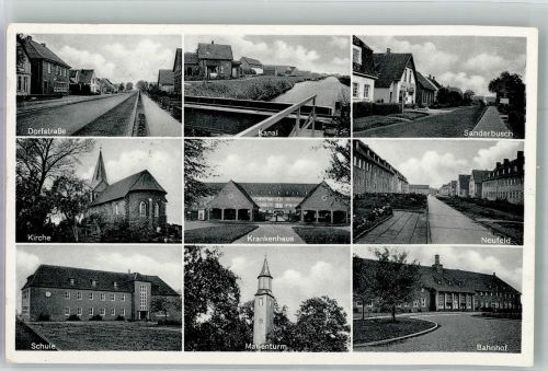 26452 W2945 Sande , Kr Friesl Foto AK Dorfstraße St.-Magnus-Kirche Schule Marienturm Krankenhaus Kanal Sanderbusch Neufeld Bahnhof