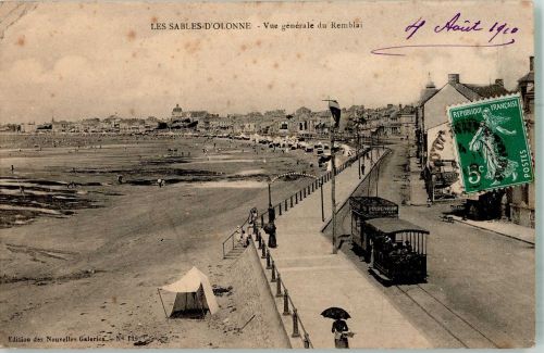 85100 Les Sables-d'Olonne 1910 Gebrauchsspuren Straßenbahn Schwimmbad Strand Marke bildseitig