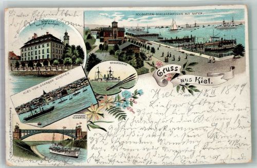 24103 W2300 Kiel , Ostsee 1897 Lithographie Schloss Seegarten Schlossbrücke m. Hafen Kriegsschiff