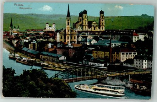 94032 W8390 Passau 1914 - Donau Brücke Kirche Raddampfer