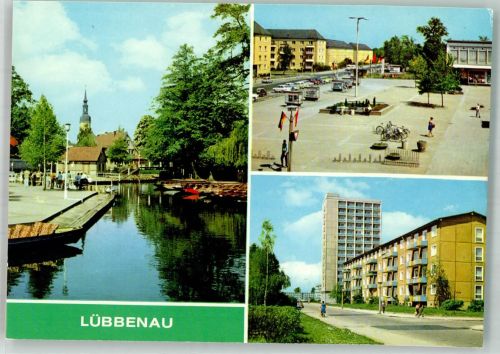 03222 O7543 Lübbenau Foto AK Hafen Roter Platz Straße der Jugend Auto Fahrrad