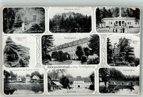 95680 W8591 Bad Alexandersbad 1918 Foto AK Kuranstalt Badehaus Haberstein Burgstein Schloss Gondelteich Luisens Sitz Kösseine Ruderboot