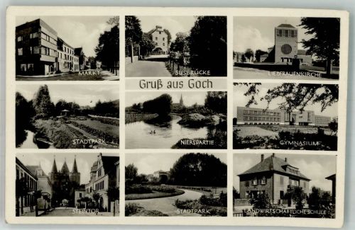 47574 W4180 Goch Foto AK Markt Susbrücke Liebfrauenkirche Stadtpark Nierspartie Gymnasium Steintor Landwirtschaftliche Schule