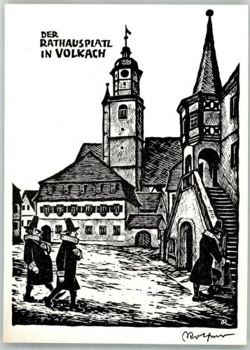 97332 W8712 Volkach Künstlerkarte Rathausplatz Richard Rother