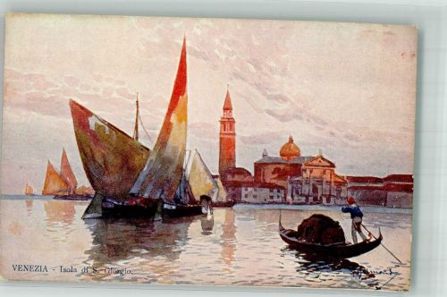 30100 Venezia Lithographie / Künstlerkarte Isola di S. Giorgio Segelboote Gondel