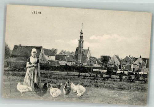 4351 Veere Foto AK Tracht Kirche Hühner
