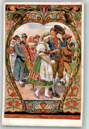 Bechyne Bechin Künstlerkarte sign. Koci, J. Tracht Hochzeit