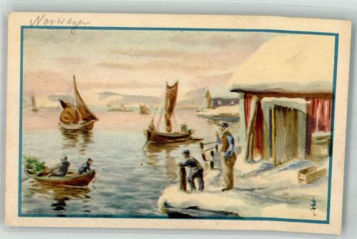 Oslo Kristiania Fischerboote Motiv Norwegen Künstlerkarte