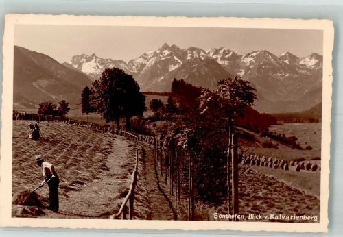 87527 W8972 Sonthofen , Oberallgäu Foto AK Bauern bei der Feldarbeit vor Gebirgspanorama Fotograf Deidl