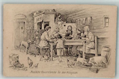 Brest Brest-Litowsk Gebrauchsspuren Russiche Bauernfamilie bei Mittagessen Zeichnung