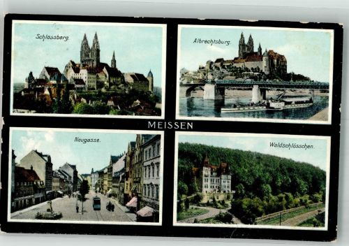01662 O8250 Meißen , Sachs 1909 - Schlossberg Albrechtsburg Neugasse Waldschlösschen Elbeschiff Verlag Zieher, Ottmar Bahnpost Dressden-Meissen Zug 1631