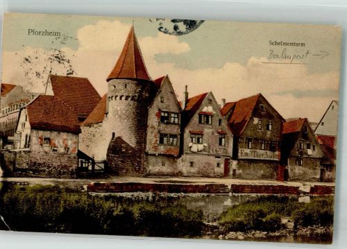 75172 W7530 Pforzheim 1908 Gebrauchsspuren Schelmenturm Bahnpost Zug 18