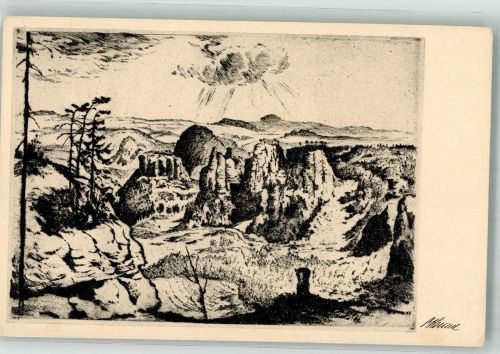 01814 O8320 Schmilka Gebrauchsspuren Radierung Henne Artur Zwischen gr. und kl. Winterberg