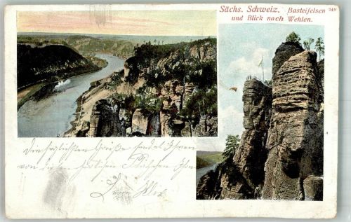 01847 O8351 Bastei 1902 Gebrauchsspuren Basteifelsen Blick nach Wehlen