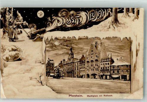 75172 W7530 Pforzheim 1907 Gebrauchsspuren Winter Marktplatz m. Rathaus