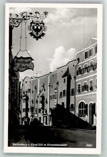 6240 Rattenberg Foto AK Straßenansicht Werbeschild Gasthaus und Cafe