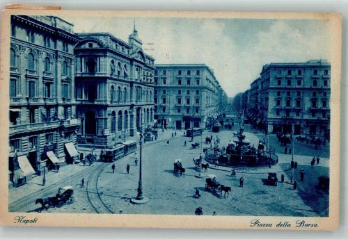 80100 Napoli 1934 Gebrauchsspuren Straßenbahn Geschäft Denkmal Brunnen Piazza della Borsa