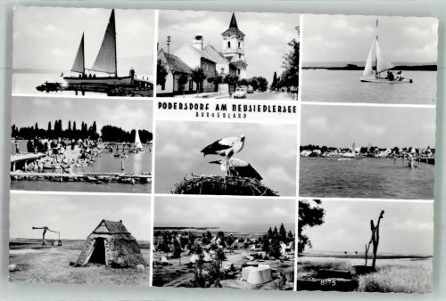 7141 Podersdorf am See Foto AK Schwimmbad Storchennest Segelboot Straße