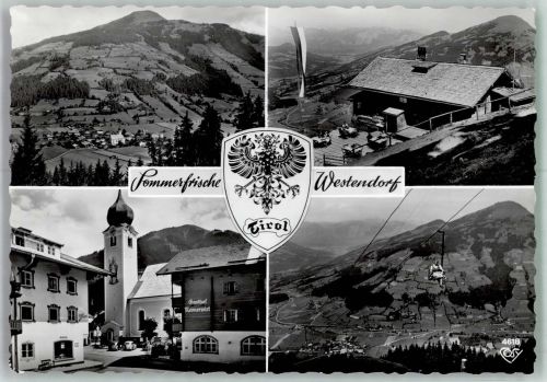 6363 Westendorf Foto AK Gasthaus Kirche Auto Seilbahn Wappen Tirol