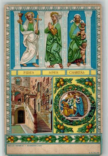 Roma Rom Kirche Relief Abbildungen Fides Bpes Charitas Motiv Italien Lithographie / Künstlerkarte