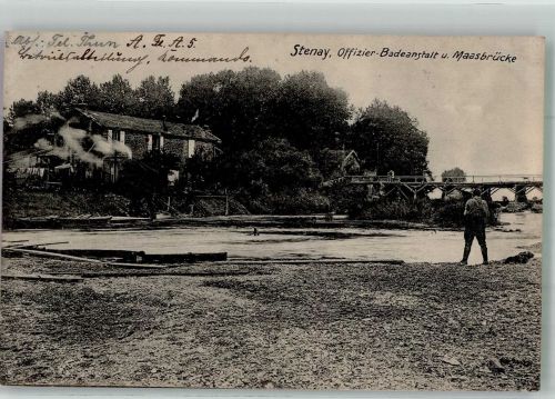 55700 Stenay 1916 Foto AK Feldpost WK I 5.Armee Offizeirs- Schwimmbad Maasbrücke