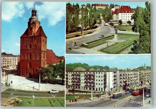 Landsberg a.d. Warthe Gorzów Wlkp. Foto AK Kirche Omnibus Straßenbahn Denkmal