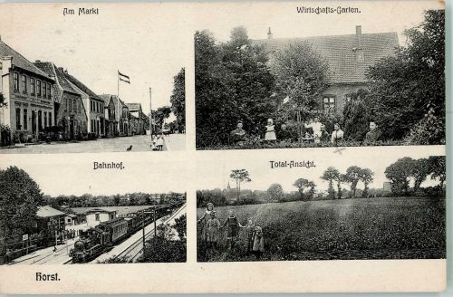 23883 W2411 Horst , Kr Hzgt Lauenb 1908 - Am Markt Wirtschafts-Garten Bahnhof Personenzug Blumenwiese Bahnpost Hamburg Zug 555