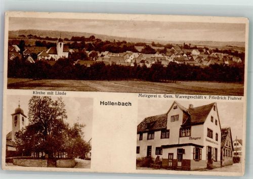 74673 W7119 Hollenbach , Württ - Kirche Dorflinde Metzgerei Fluhrer