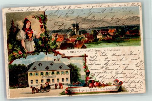 79274 W7811 St. Märgen 1902 Lithographie Trachtenmädchen Gasthaus zur goldenen Krone