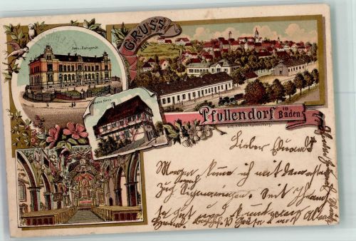 88630 W7798 Pfullendorf , Baden 1899 Lithographie Amtsgericht Ältestes Haus Altaransicht Bahnhof