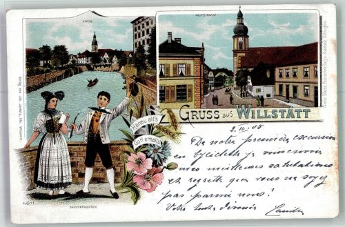 77731 W7608 Willstätt 1905 Lithographie Bauerntrachten Die Kinzig Haupstrasse