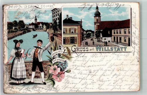 77731 W7608 Willstätt 1903 Lithographie Bauerntrachten Die Kinzig Haupstrasse