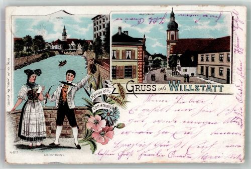 77731 W7608 Willstätt 1904 Lithographie Bauerntrachten Die Kinzig Haupstrasse