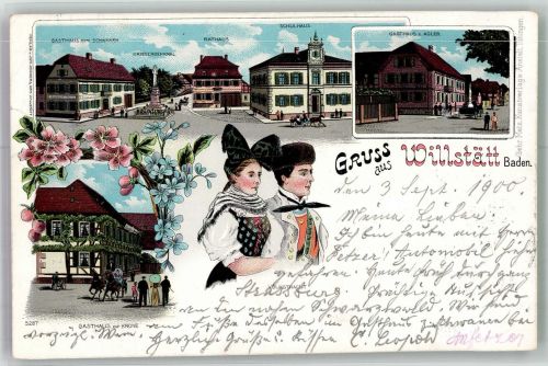 77731 W7608 Willstätt 1900 Lithographie Volkstracht Rathaus Gasthaus zur Krone Gasthaus zum Adler Gasthaus zum Schwanen