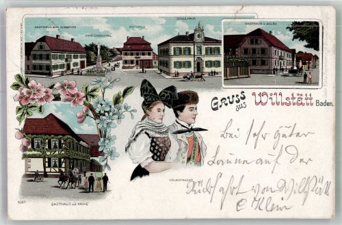 77731 W7608 Willstätt 1899 Lithographie Volkstracht Rathaus Gasthaus zur Krone Gasthaus zum Adler Gasthaus zum Schwanen