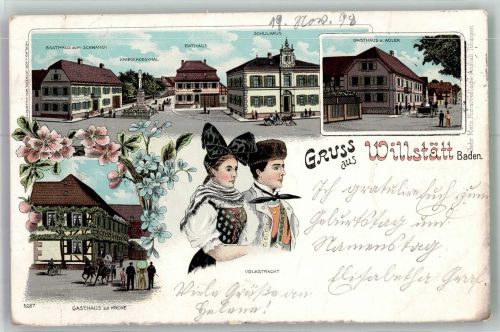 77731 W7608 Willstätt 1898 Lithographie Volkstracht Rathaus Gasthaus zur Krone Gasthaus zum Adler Gasthaus zum Schwanen