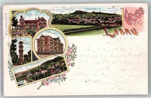 02708 O8700 Löbau 1898 Lithographie Neue Bürgerschule Gasthaus Honigbrunnen König Friedrich-Ausschtsturm Löbautal