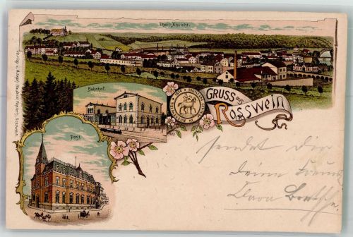 04741 O7304 Roßwein 1902 Lithographie Post Bahnhof