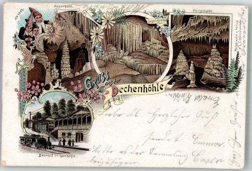 58636 W5860 Letmathe 1897 Lithographie Dechenhöhle Kaiserhalle Orgelgrotte Königshalle Zwerge Bahnhof