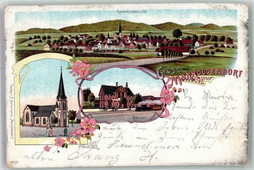 37586 W3354 Markoldendorf 1904 Lithographie Kirche Bahnhof Bahnpost Dassel- Zug 390