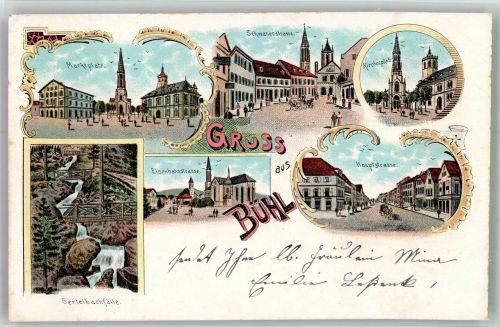 77815 W7580 Bühl , Baden Lithographie Gertelbachfälle Marktplatz Eisenbahnstrasse Hauptstrasse Schwanenstrasse