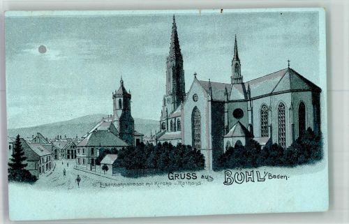 77815 W7580 Bühl , Baden Lithographie / Mondschein Eisenbahnstrasse Stadtkirche Rathaus