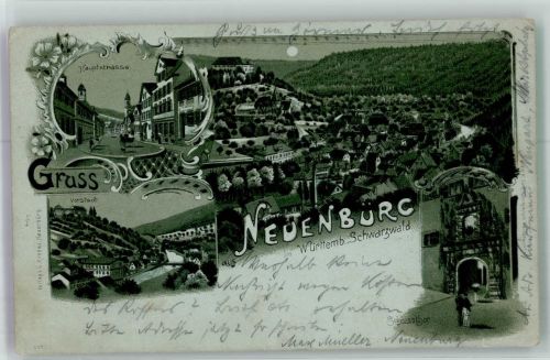 75305 W7540 Neuenbürg , Württ Lithographie / Mondschein Vorstadt Hauptstrasse Schlosstor