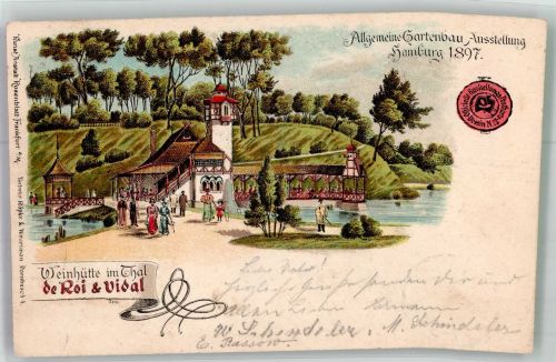 W2000 Hamburg Allg. Gartenbau-Ausstellung 1897 Weinhütte im Tal Gartenbauausstellung 1897 Lithographie