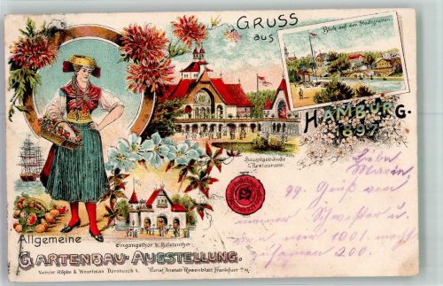 W2000 Hamburg Allg. Gartenbauausstellung 1897 Tracht Blumenmädchen Hauptgebäude Eingangstor beim Holstentor Gartenbauausstellung 1897 Lithographie