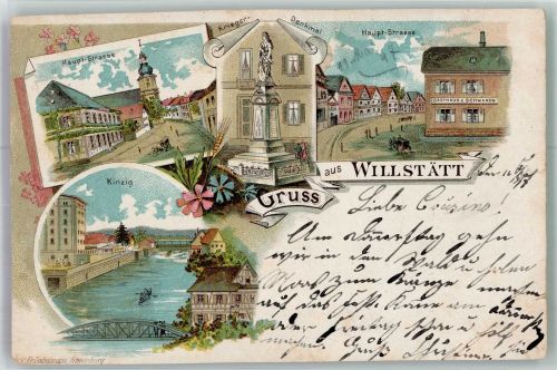77731 W7608 Willstätt 1897 Lithographie Hauptstrasse Die Kinzig Kriegerdenkmal Gasthaus zum Schwanen