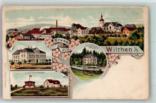 02681 O8609 Wilthen 1910 Lithographie Hünlich's Plantage Schulhaus Fischhaus Forellenzucht