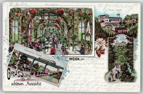 07570 O6518 Weida , Thür 1900 Lithographie Gasthaus zur Schönen Aussicht Wintergarten Oschütztal-Viadukt