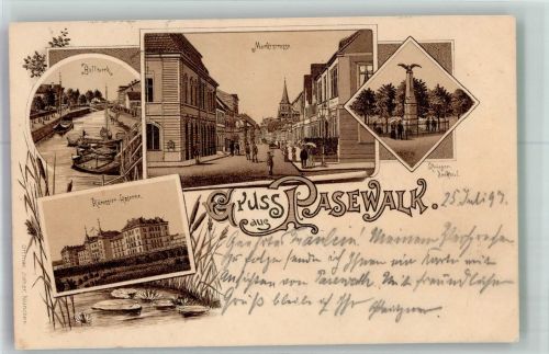 17309 O2100 Pasewalk 1897 Lithographie Marktstrasse Kriegerdenkmal Kürassier-Kaserne Bollwerk