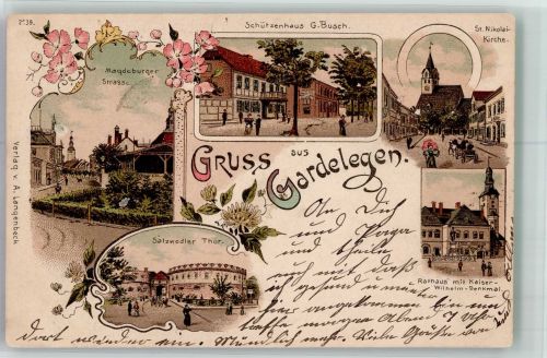 39638 O3570 Gardelegen 1898 Lithographie St. Nikolai-Kirche Schützenhaus Salzwedler Tor Magdeburger Strasse